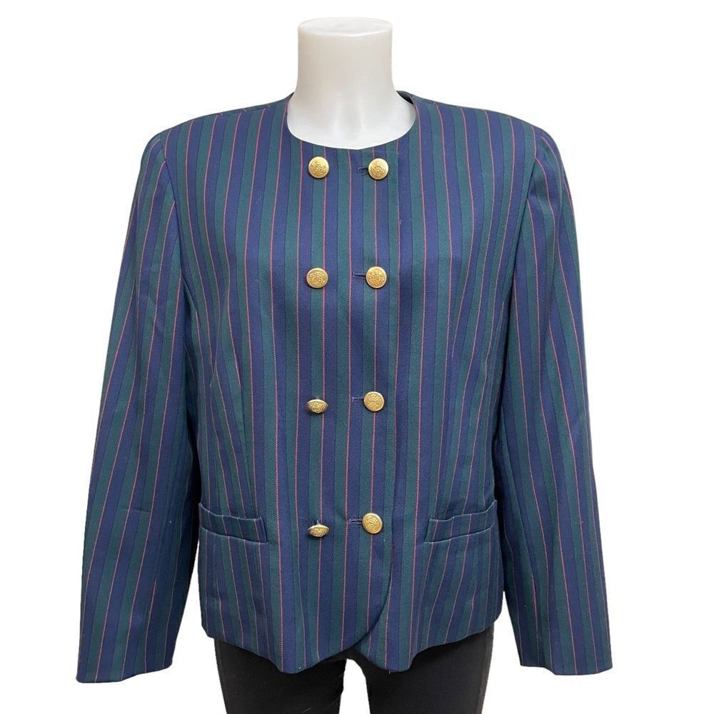 PENDLETON VINTAGE STRIPE BLUE GREEN 100% VIRGIN WOOL BLAZER COAT SZ 14